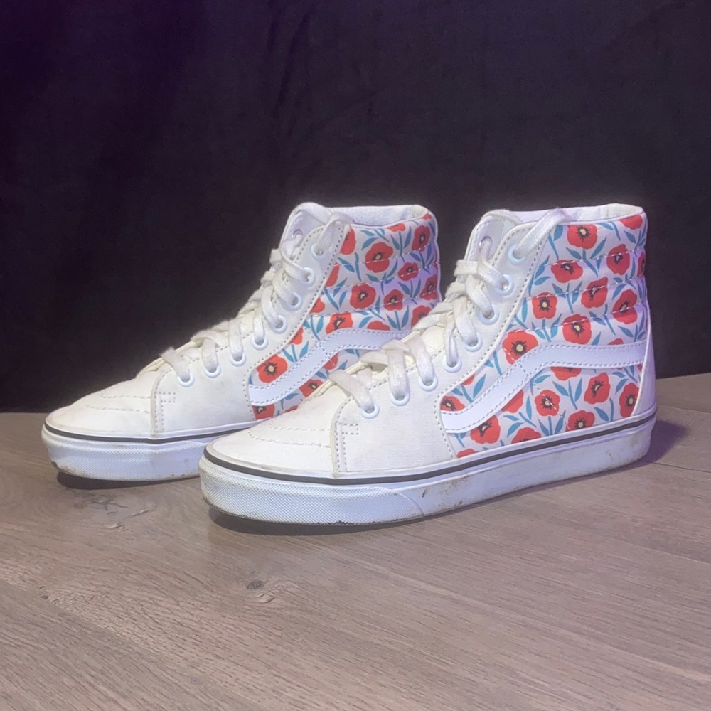 Vans Women's High-Top Sneakers - White with Red Poppy Pattern